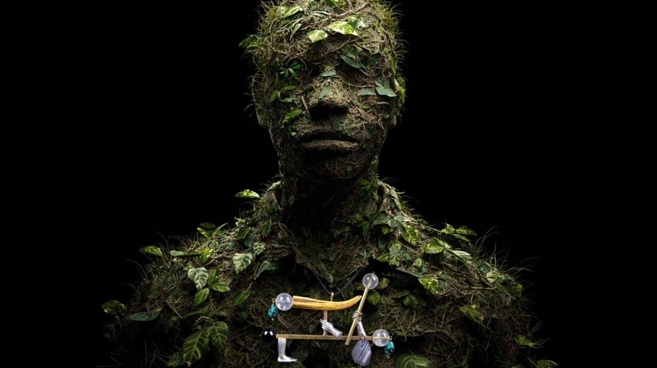 Wearable art jewelry from the Hunter Collection shown on a humanoid botanical totem, expressing alignment between instinct and control.