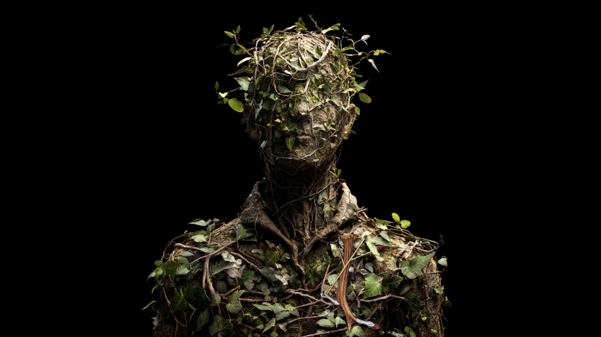 Wearable art jewelry from the Hunter Collection shown on a humanoid totem at a threshold moment.