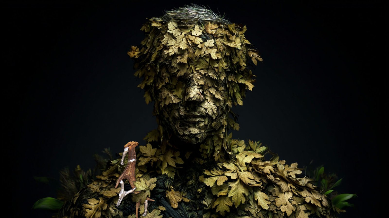 Wearable art jewelry from the Hunter Collection shown on a humanoid botanical totem, expressing first contact.