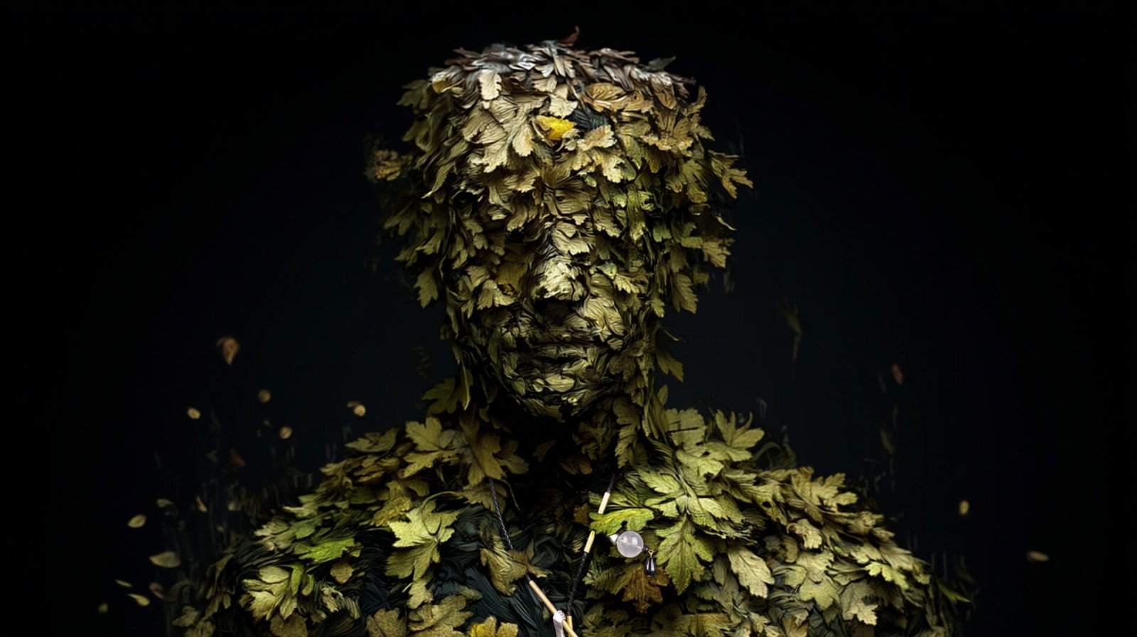 Applied anthropology jewelry from the Hunter Collection worn on a humanoid botanical figure, expressing negotiated balance.
