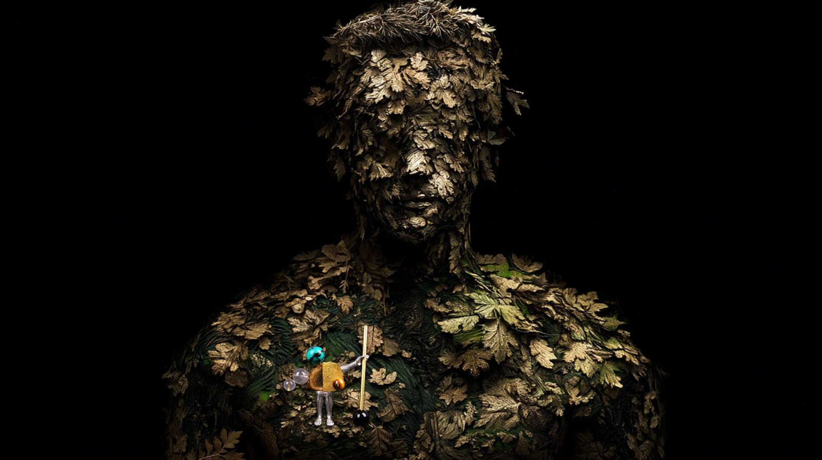 Applied anthropology jewelry from the Hunter Collection worn on a humanoid totem, expressing suspension.
