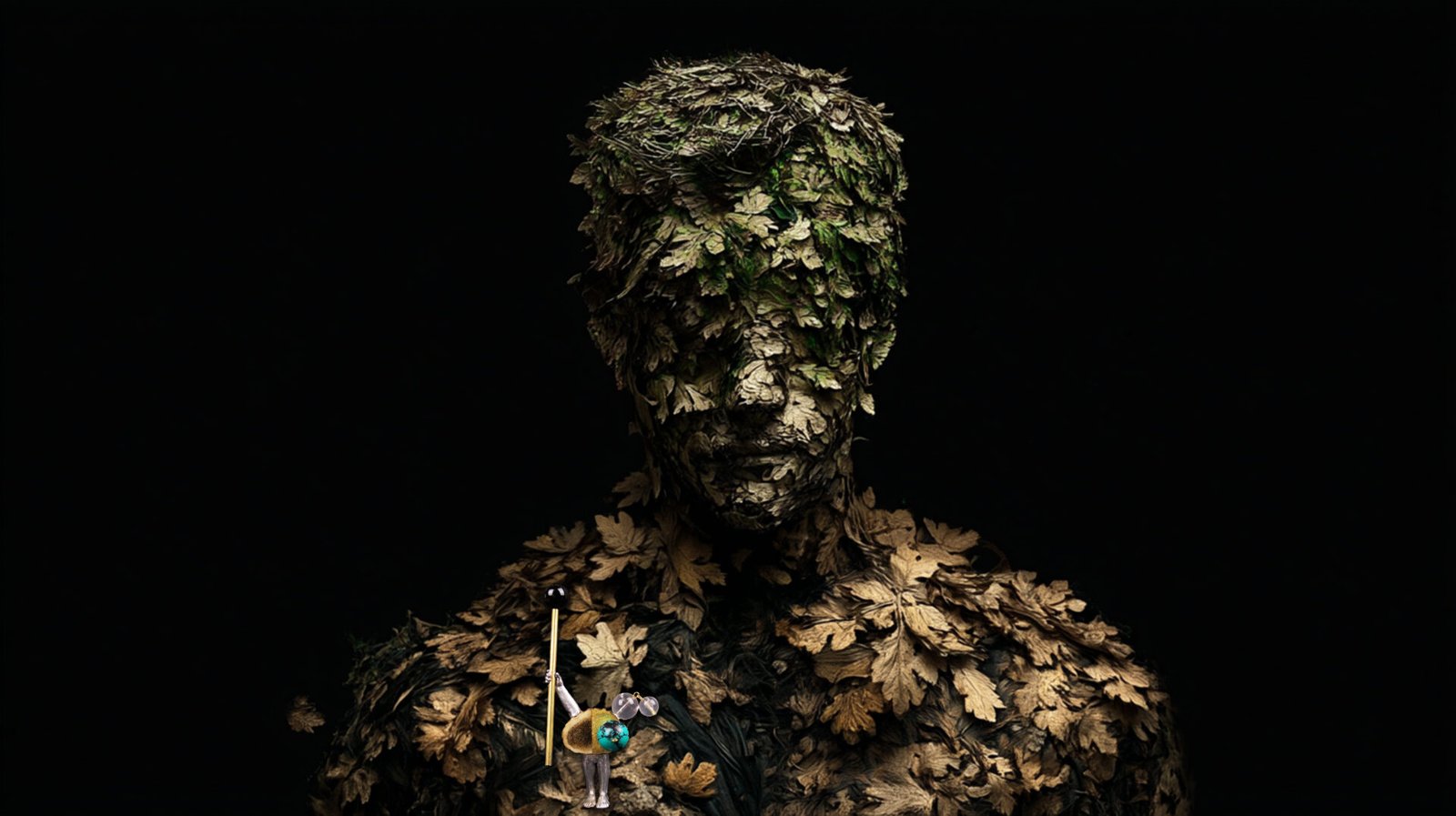 Final contact-phase wearable art piece from the Hunter Collection shown on a humanoid totem.