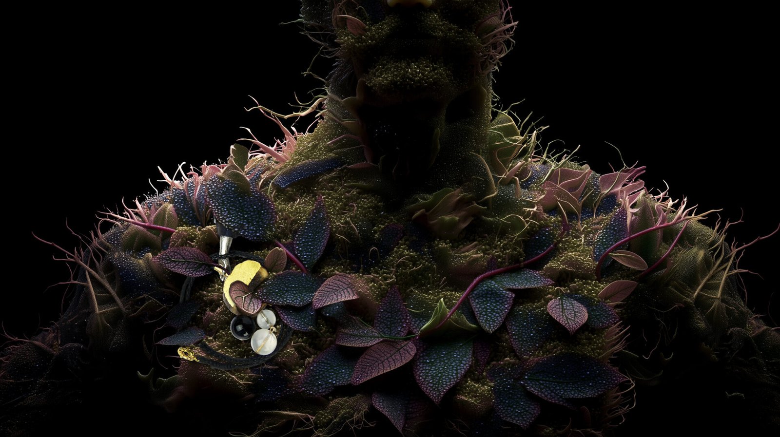 Wearable art jewelry from the Hunter Collection shown on a humanoid botanical totem, exploring continuity and applied anthropology.