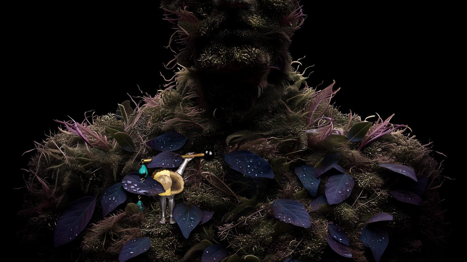 Wearable art jewelry from the Hunter Collection integrated into a humanoid botanical figure.