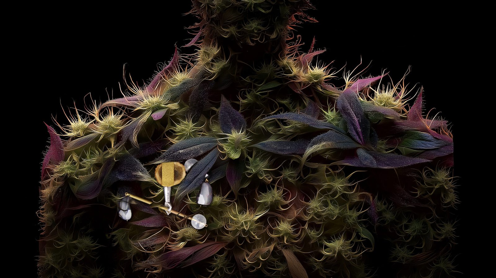 Applied anthropology jewelry from the Hunter Collection shown on a humanoid botanical totem.