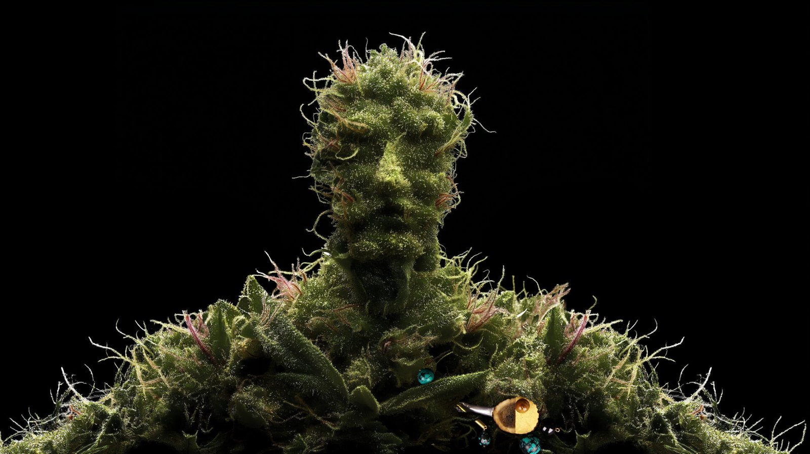 Wearable art jewelry from the Hunter Collection displayed on a humanoid botanical totem, exploring balance and continuity.