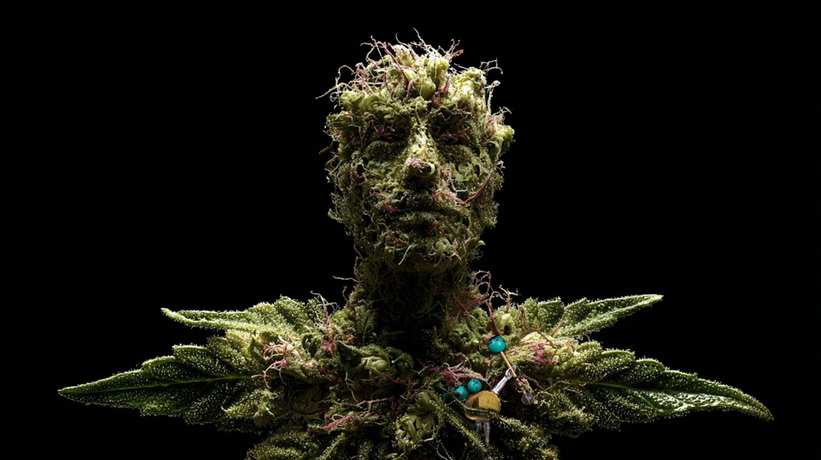 Applied anthropology jewelry from the Hunter Collection shown on a humanoid botanical figure, expressing continuity through renewal.