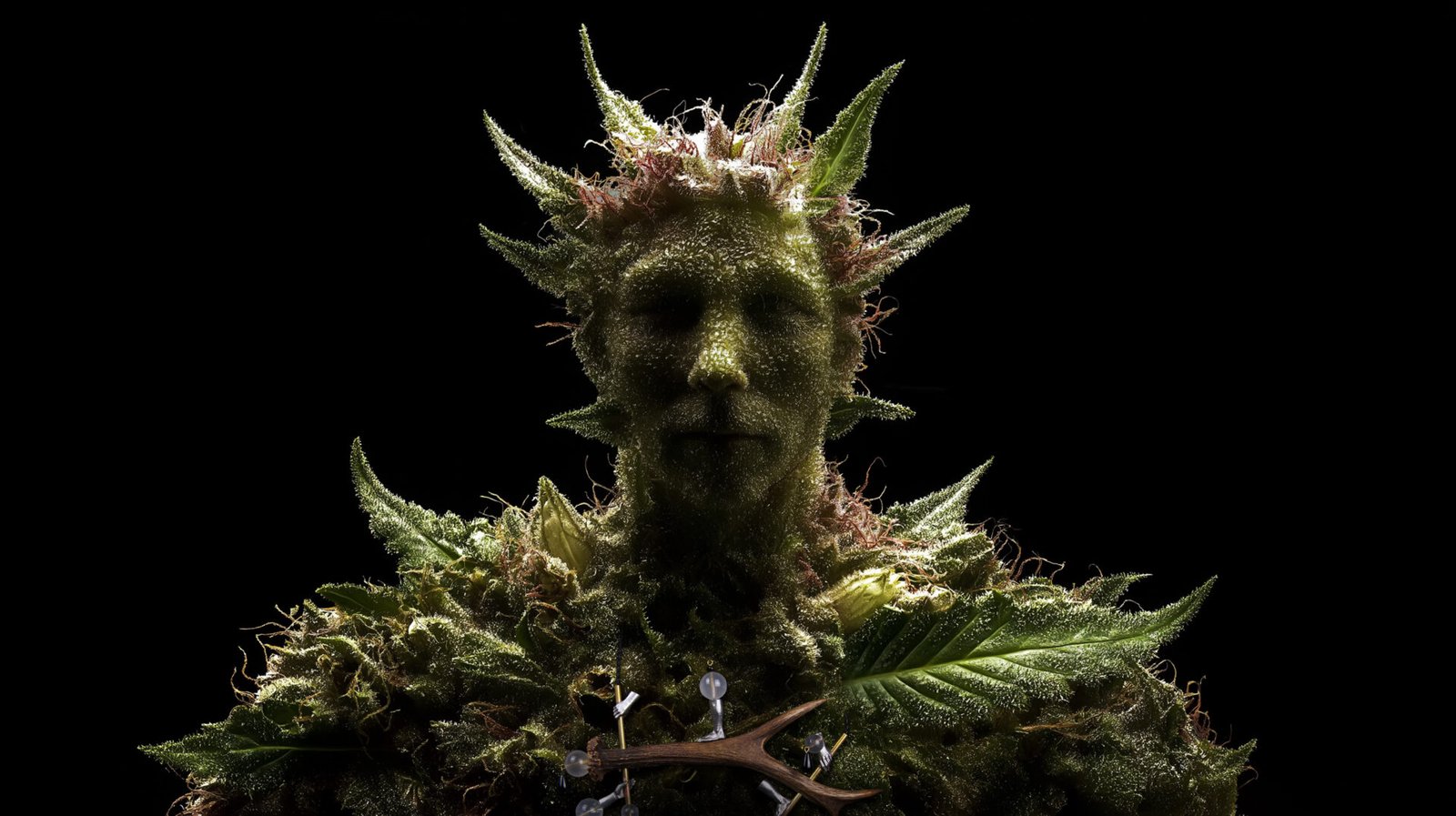 Final wearable art piece from the Hunter Collection shown on a humanoid botanical totem, symbolizing continuity.