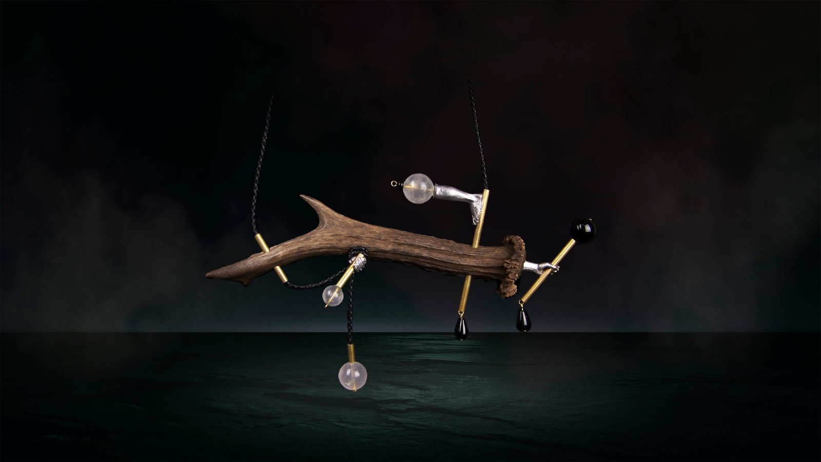 Unique sculptural jewelry object made from naturally shed deer antler and porcelain watch quadrant, handcrafted in Florence, Italy.