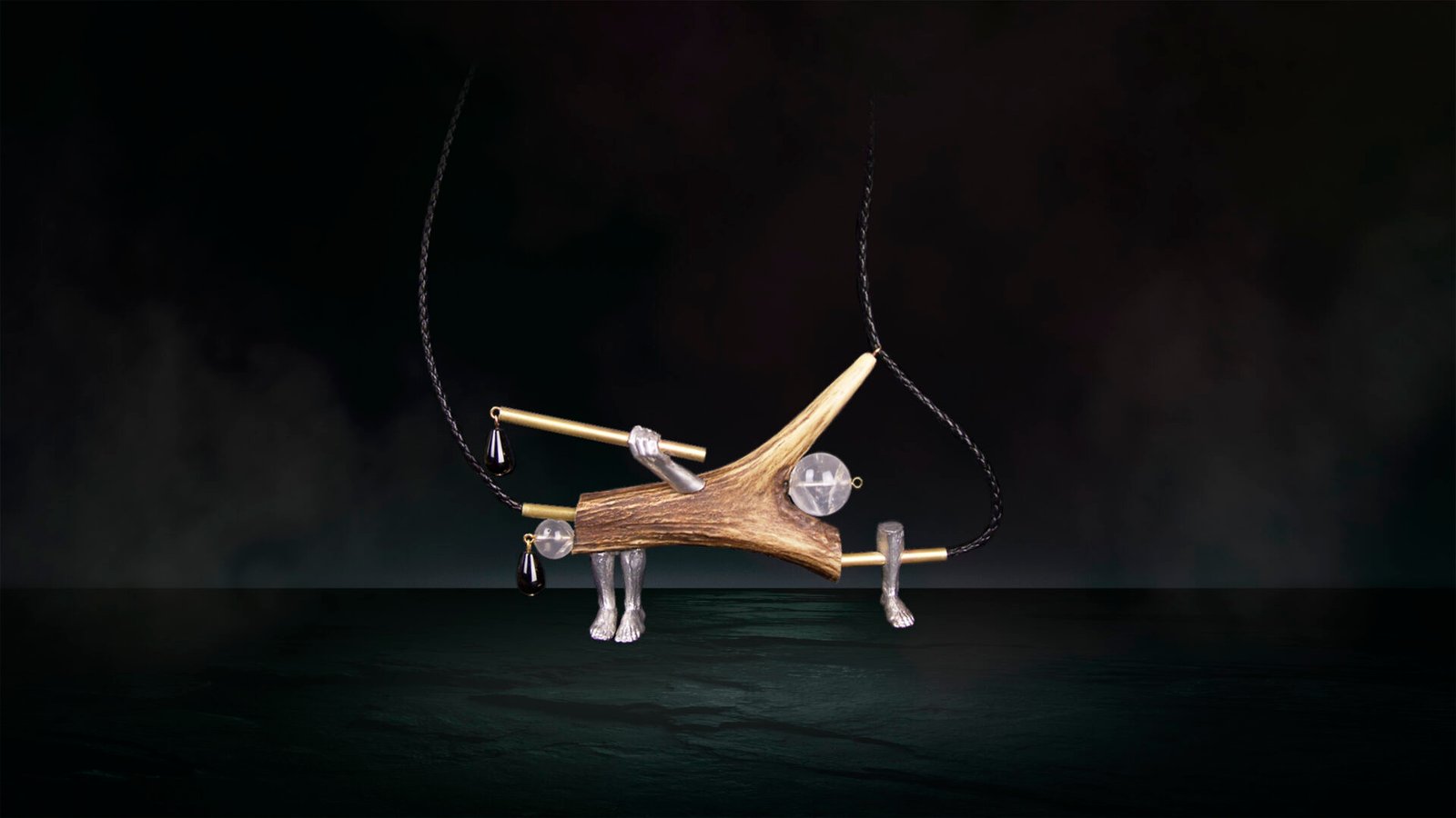 Unique sculptural jewelry made from antler and porcelain watch quadrant, handcrafted in Florence.