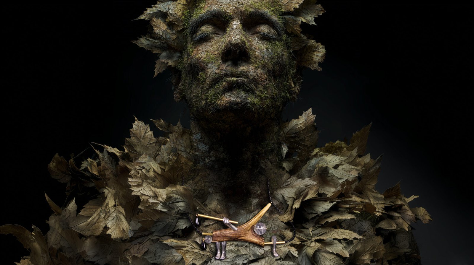 Wearable art jewelry from the Hunter Collection shown on a humanoid totem, exploring silent orientation.