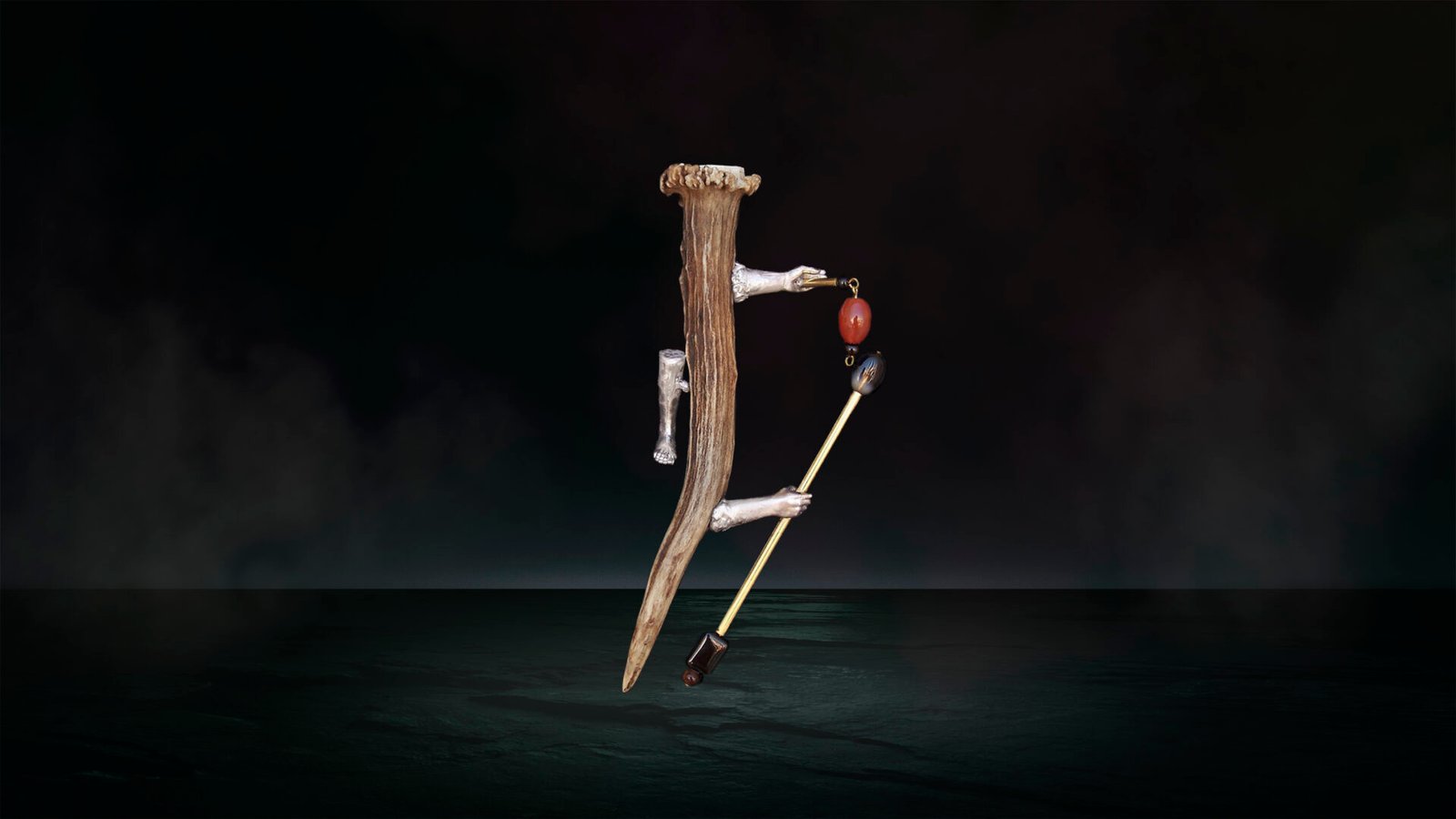nique sculptural antler jewelry object with porcelain watch quadrant, handcrafted in Florence.