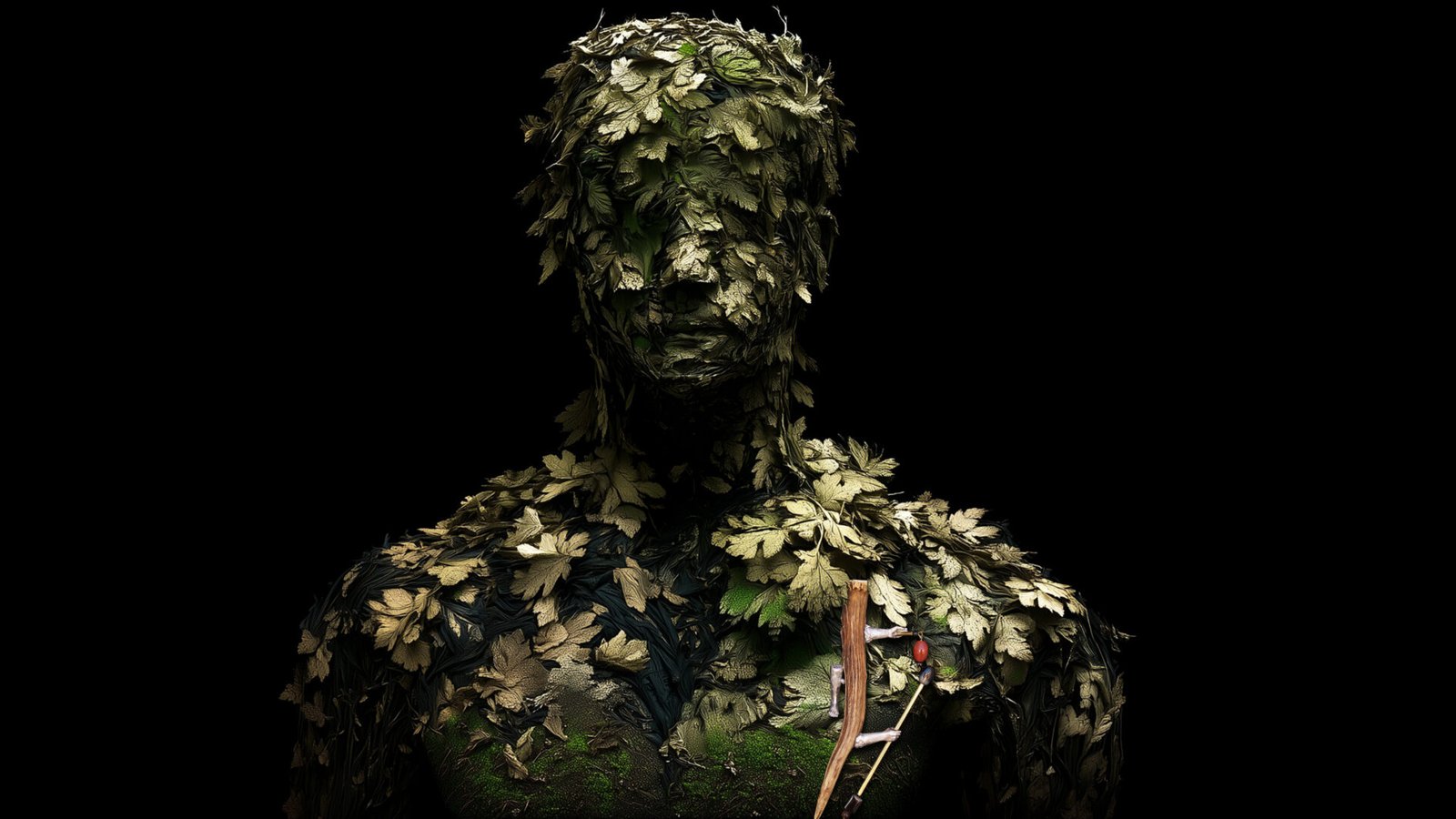 Wearable art jewelry from the Hunter Collection shown on a humanoid botanical totem, expressing organic orientation.