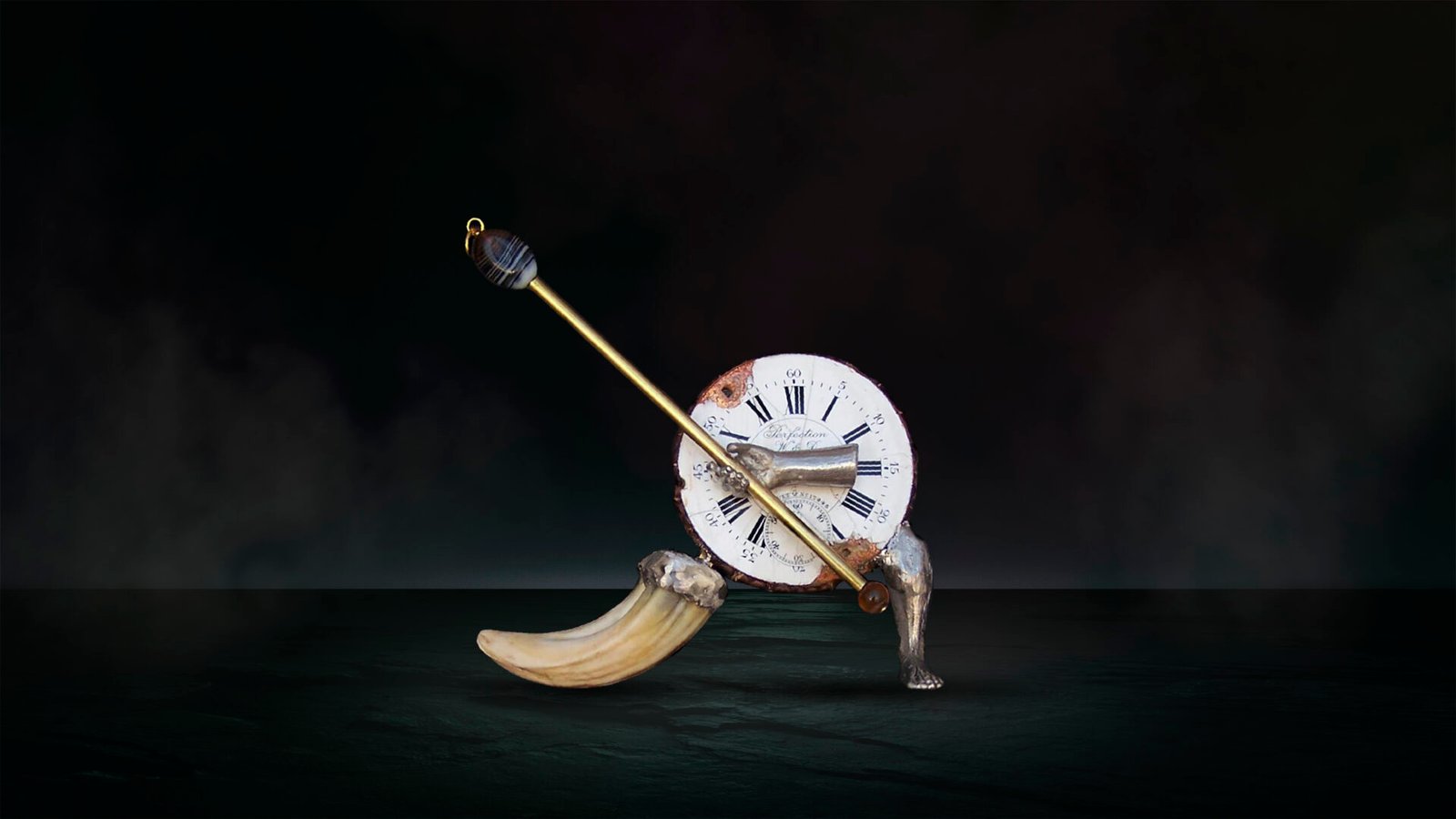 One-of-a-kind antler jewelry object with porcelain watch quadrant, handmade in Florence, Italy.