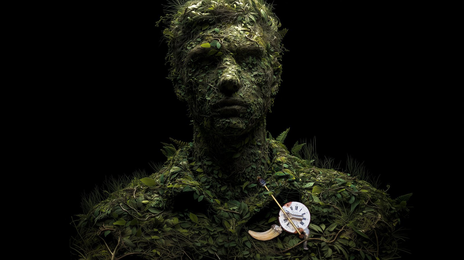 Applied anthropology jewelry from the Hunter Collection worn on a humanoid totem, expressing curiosity.