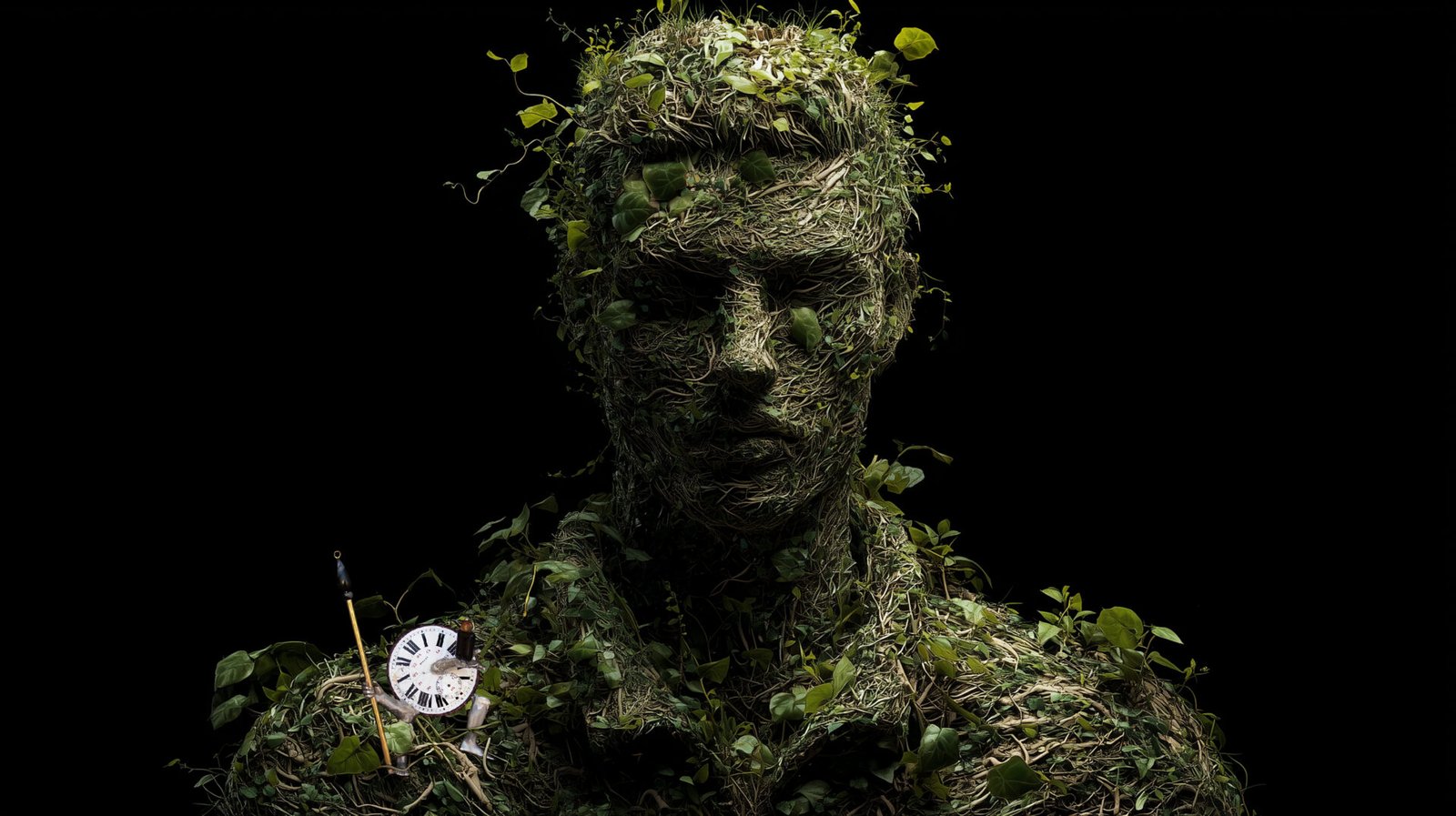 Wearable art jewelry from the Hunter Collection shown on a humanoid totem, expressing imperfect origin.