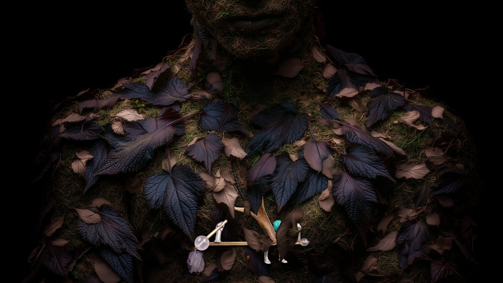 Applied anthropology jewelry from the Hunter Collection shown on a humanoid totem, suggesting symbolic environment.
