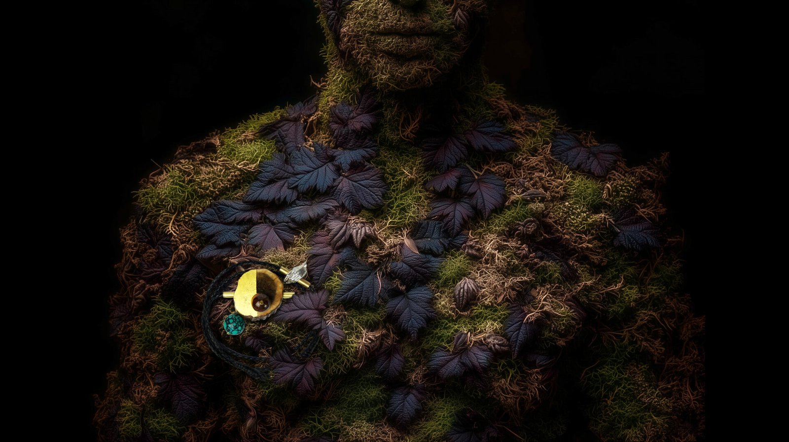 Wearable art jewelry from the Hunter Collection integrated into a humanoid botanical totem, expressing memory.
