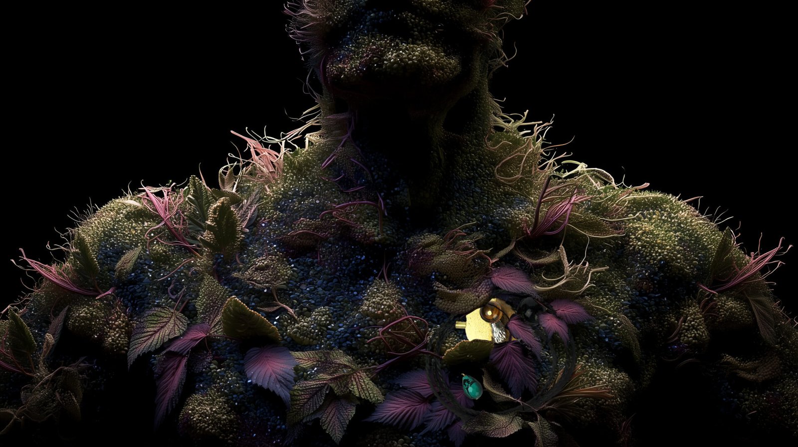 Wearable art jewelry from the Hunter Collection worn on a humanoid totem, expressing contrast and symbol.