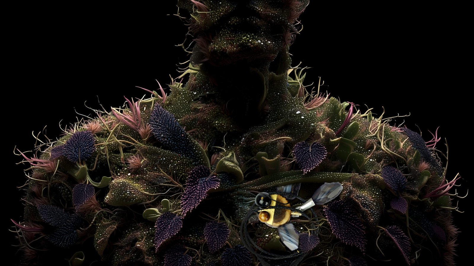 Final symbolic wearable art piece from the Hunter Collection shown on a humanoid botanical totem.