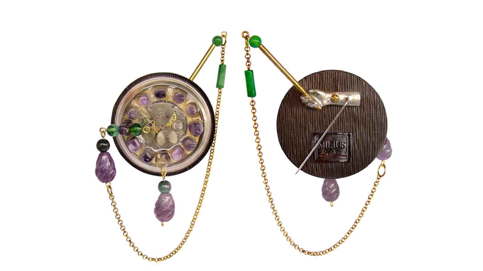 Ascendria, applied art jewellery object by Milan Stamenovic from the Kings & Pawns chapter, presented in dual view with front and reverse sides on a white background, Florence, 2013–2014.