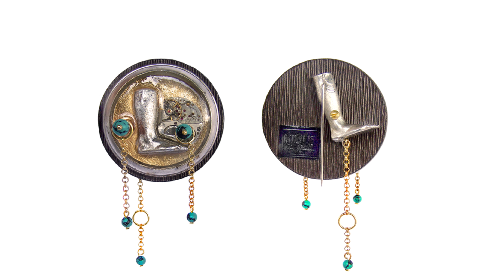 Calculon, applied art jewellery object by Milan Stamenovic from the Kings & Pawns chapter, presented in dual view with front and reverse sides on a white background, Florence, 2013–2014.