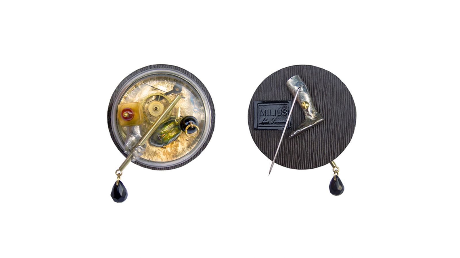 Fracturex, applied art jewellery object by Milan Stamenovic from the Kings & Pawns chapter, presented in dual view with front and reverse sides on a white background, Florence, 2013–2014.
