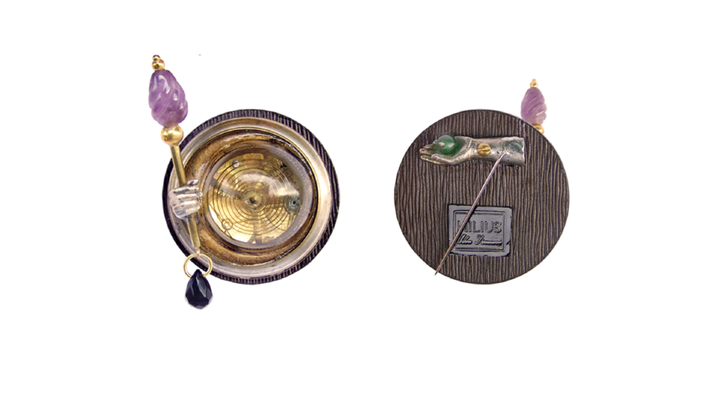 Gravem, applied art jewellery object by Milan Stamenovic from the Kings & Pawns chapter, presented in dual view with front and reverse sides on a white background, Florence, 2013–2014.