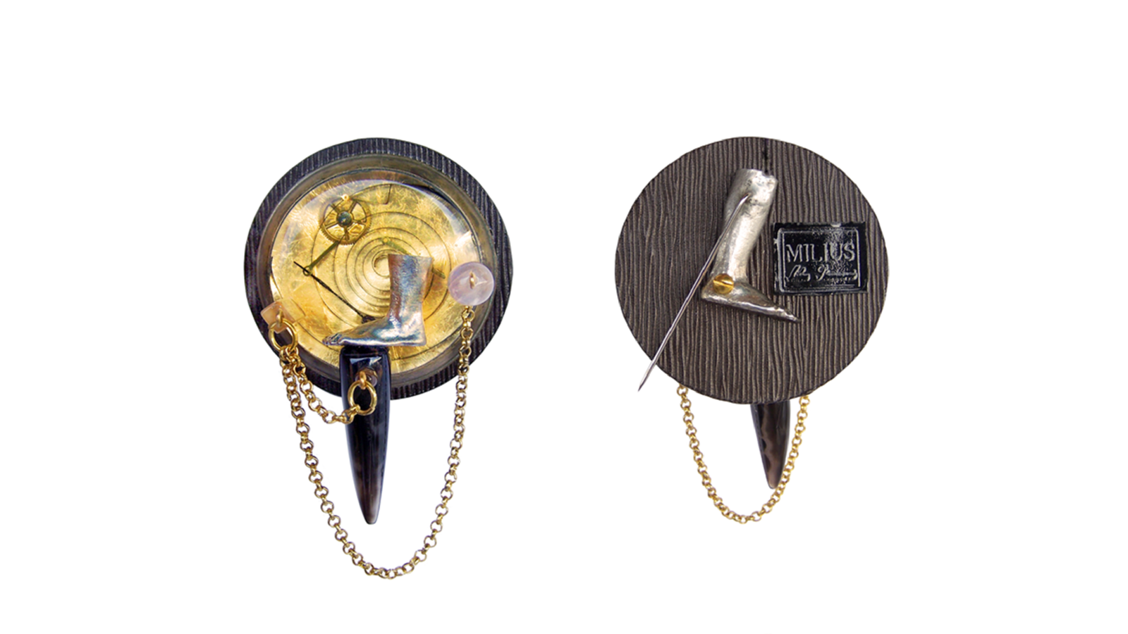Vigilantyx, applied art jewellery object by Milan Stamenovic from the Kings & Pawns chapter, presented in dual view with front and reverse sides on a white background, Florence, 2013–2014.