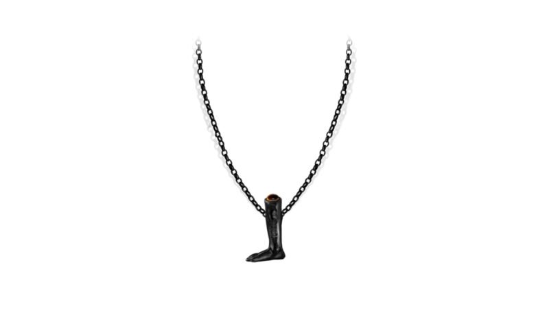 Black varnish sculptural jewellery pendant Suspended Measure MILIUS Collection Act I Emergence, suspended leg form with semi-precious stone.