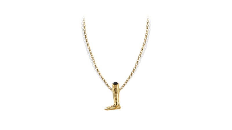 Gold plated sculptural leg pendant with semi-precious stone, Suspended Measure MILIUS Act I Emergence jewellery on chain.