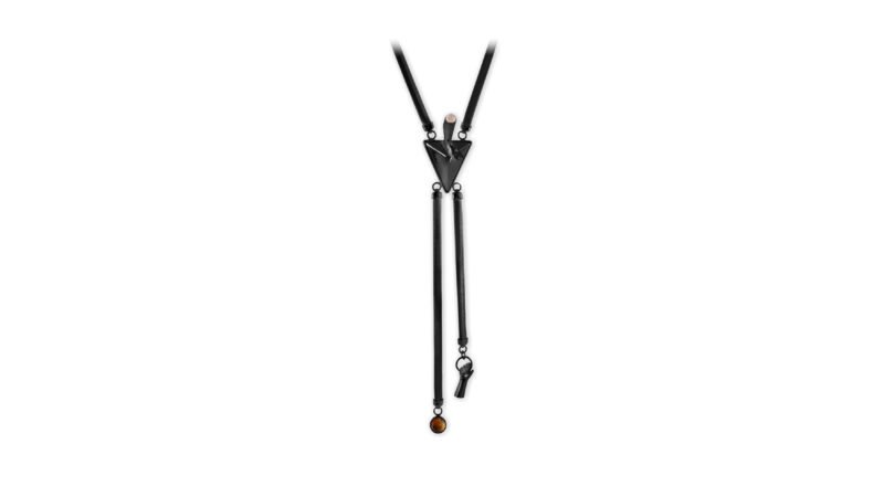 MILIUS Act I Piece 5 Suspended Axis necklace in black varnish finish featuring a sculptural triangular core and suspended vertical chains, presenting a stark, graphic interpretation of ritual form.