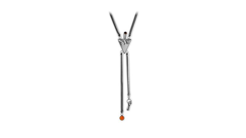 MILIUS Act I Piece 5 Suspended Axis necklace in palladium finish with suspended chains and sculptural triangular centrepiece, emphasising precision, balance, and contemporary material restraint.