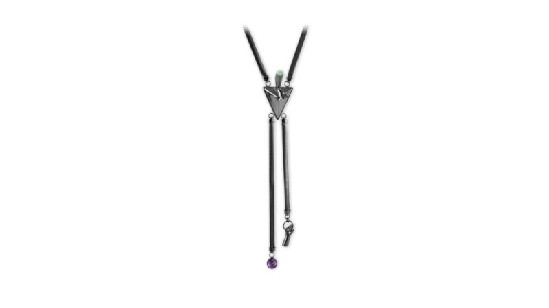 MILIUS Act I Piece 5 Suspended Axis necklace in ruthenium finish with articulated vertical chains and triangular core, evoking gravity, tension, and ritual restraint.
