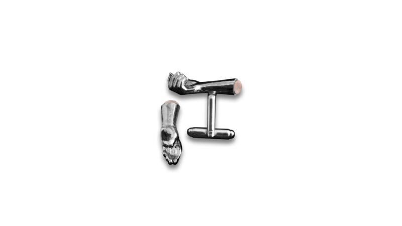 Palladium plated version of Milius Act II Piece 03 “Retention Point I” with rose stone insert, conceptual cufflinks balancing vertical structure, softened reflection, and retained tension.