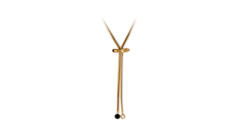 Gold plated version of Milius Act II Piece 05 “Tension Held,” a sculptural neck ornament exploring suspension, control, and symbolic density through elongated form.