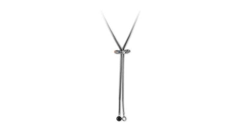 Conceptual jewellery detail of Milius Act II Piece 05 “Tension Held” in palladium plated finish, highlighting the reflective surface and structural knot as a point of controlled tension.