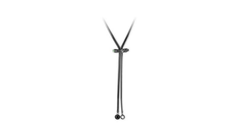 Master image of Milius Act II Piece 05 “Tension Held” in black varnish finish, a conceptual neck ornament defined by a suspended knot and elongated vertical elements, expressing controlled tension, restraint, and unresolved transition.