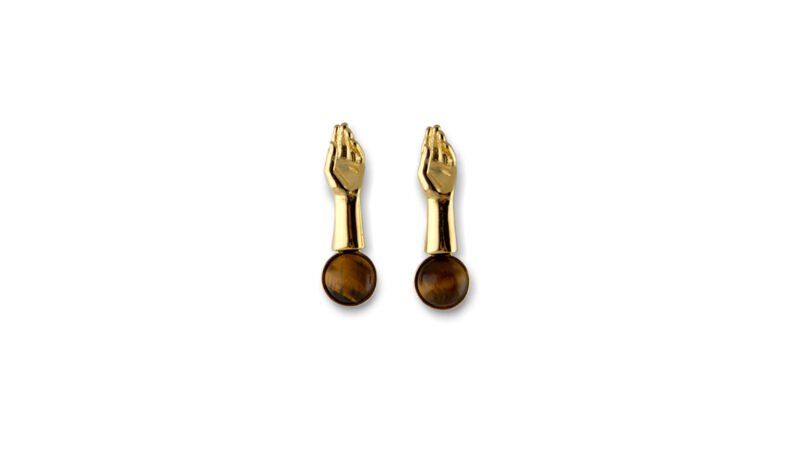 Gold plated finish of Milius Act II Piece 06 “Terminal Gesture,” sculptural earrings combining precious material with symbolic closure.