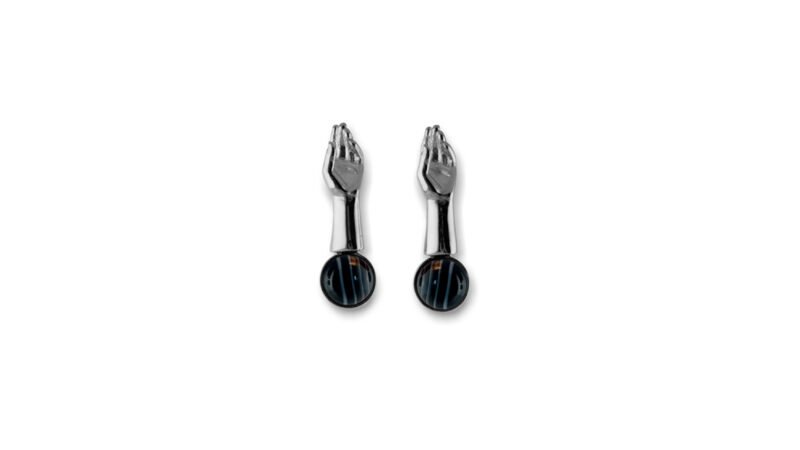 Palladium plated finish of Milius Act II Piece 06 “Terminal Gesture,” reflective earrings emphasising symmetry, resolution, and the conclusion of transition.