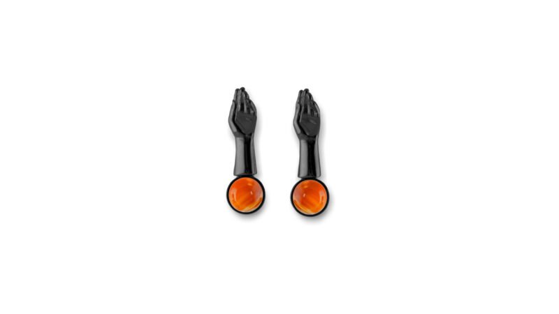 Ruthenium plated version of Milius Act II Piece 06 “Terminal Gesture,” dark metallic earrings expressing weight, consequence, and closure.
