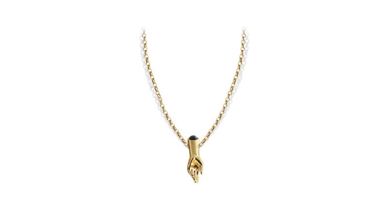 Held Interval necklace gold plated finish, contemporary sculptural jewelry detail from Milius Collection Act II