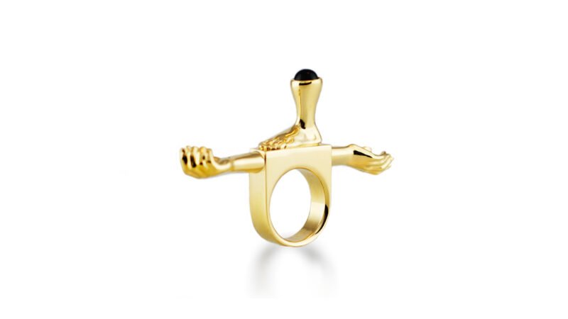 Gold plated sculptural ring from MILIUS Act III Consequence Piece 06 Imposed Balance by Milan Stamenovic