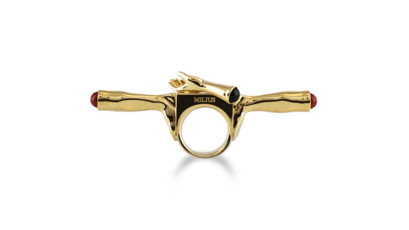 Gold plated sculptural ring from MILIUS Act III Consequence Piece 07 Terminal Yield by Milan Stamenovic