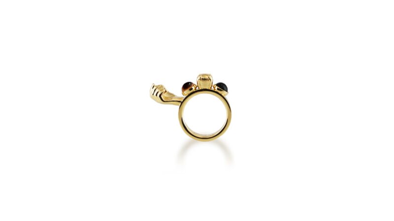 Gold plated finish of Milius Act III Piece 02 “Loaded Continuum,” sculptural ring expressing accumulation, permanence, and sustained consequence.