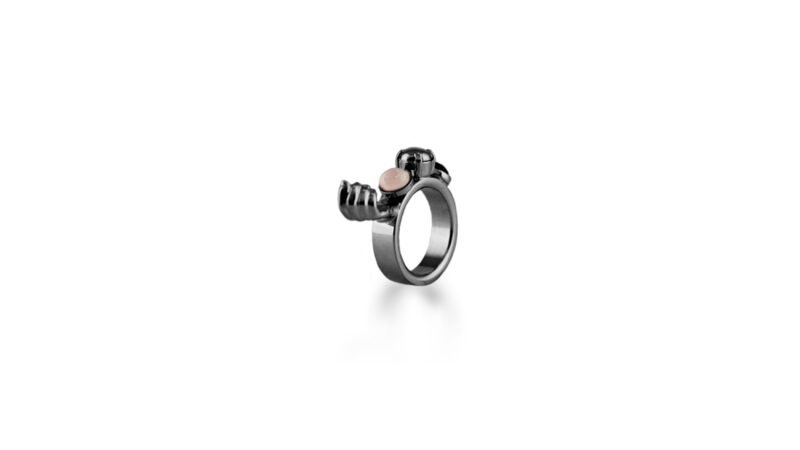 Ruthenium plated version of Milius Act III Piece 02 “Loaded Continuum,” dark sculptural ring expressing accumulation, tension, and lasting consequence.