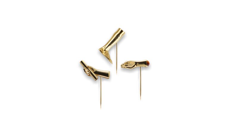 Milius Act III Transmission Distributed Omen gold plated sculptural pin set wearable triptych exploring authority faith and displacement