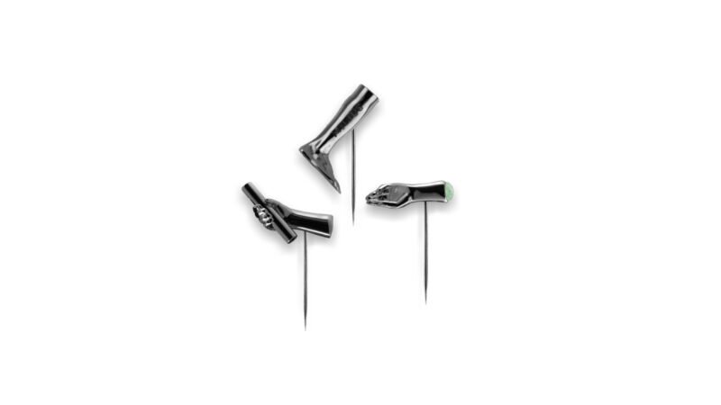 Milius Act III Transmission Distributed Omen ruthenium plated sculptural pins with darkened surface conveying escalation and latent consequence