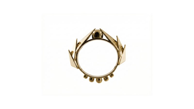 Milius Act III Transmission Convergent Pressure gold plated sculptural ring emphasizing authority concentration and symbolic weight