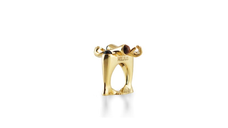 Gold plated Residual Hold ring from MILIUS Act IV Accumulation emphasising density and containment by Milan Stamenovic